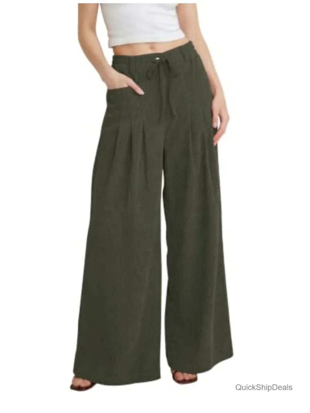 Corduroy Wide Leg Pants Elastic Waist High Rise Non-Stretch